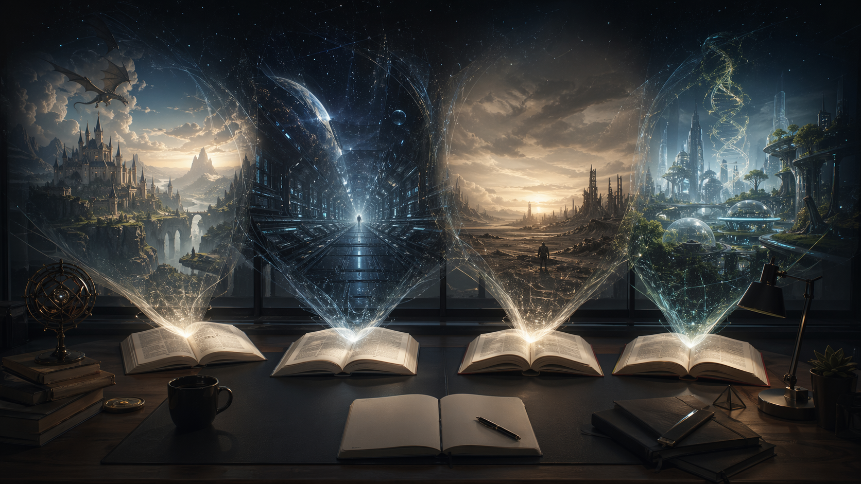 Open books projecting several H. L. Watson fantasy and science-fiction worlds as a guide to where readers can begin.