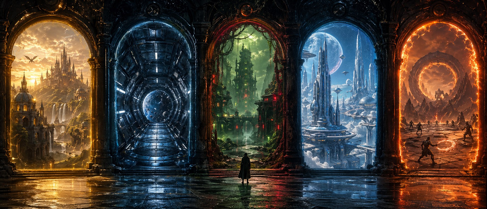 Custom Watson Lee Publishing panorama of fantasy and science-fiction story gateways